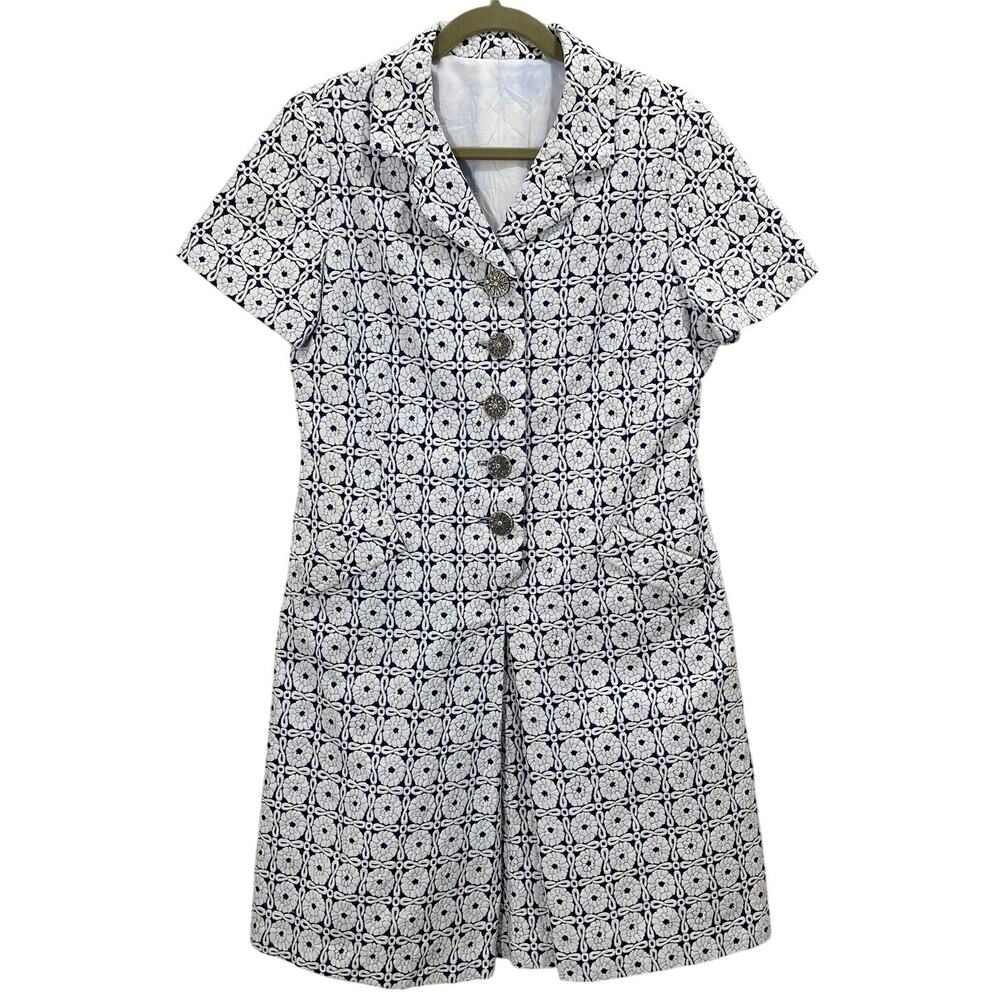 Vintage 60s Jacquard Knit Shirt Dress Handmade Geometric Blue&White Size Medium